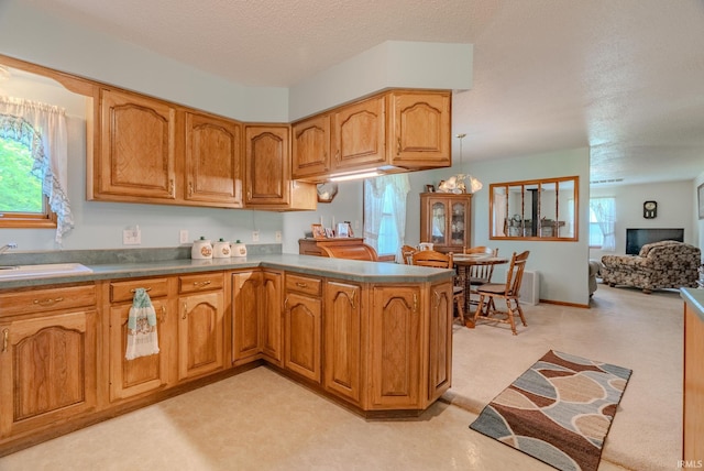 11542 S 700 E, Lafontaine, IN 46940 - kitchen with a sink, light colored carpet, a peninsula, brown cabinets, and a textured ceiling