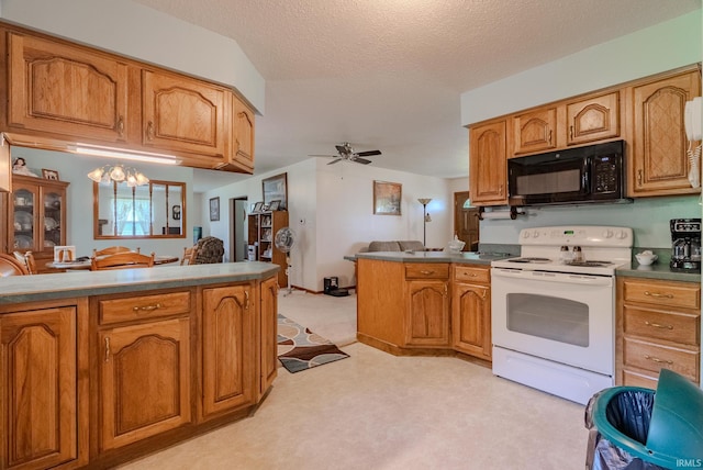 11542 S 700 E, Lafontaine, IN 46940 - kitchen featuring electric range, black microwave, light carpet, a ceiling fan, and brown cabinetry