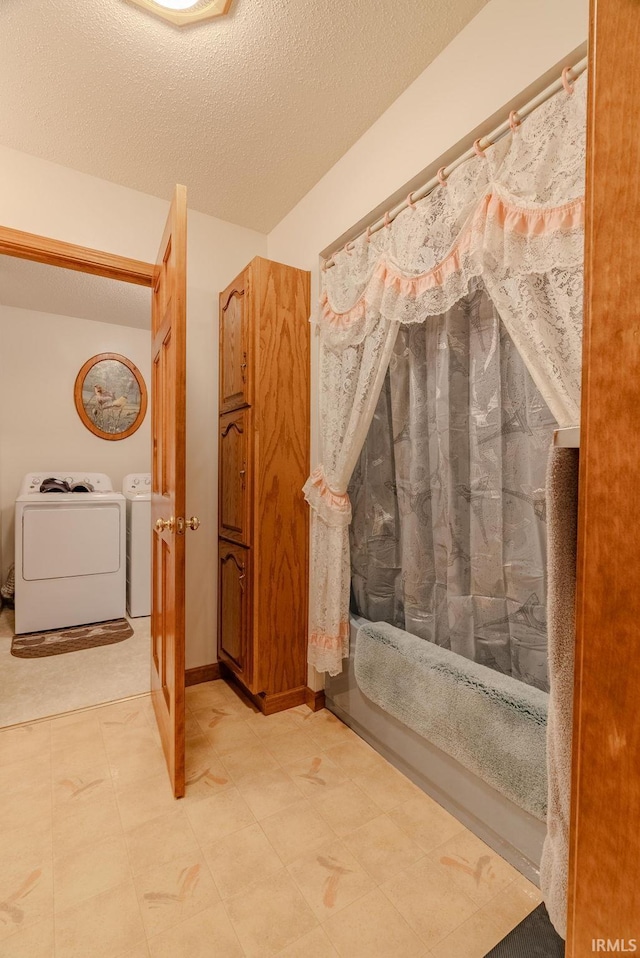 11542 S 700 E, Lafontaine, IN 46940 - full bathroom with washer and clothes dryer, a textured ceiling, tile patterned floors, and curtained shower