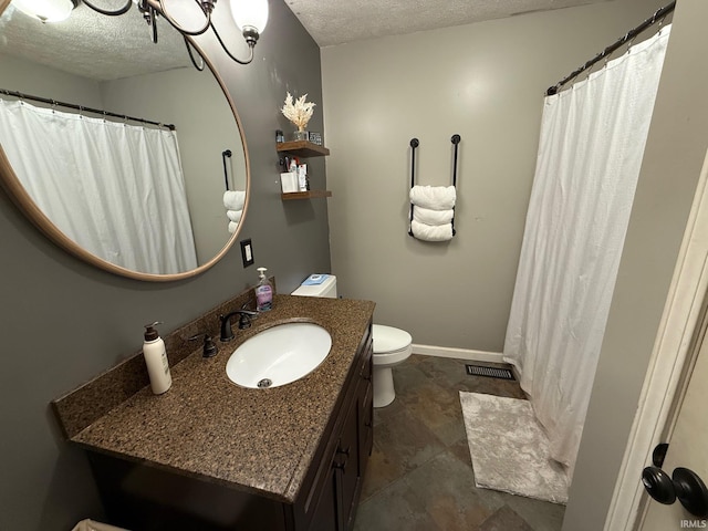 2782 W State Road 32nd Rd, Covington, IN 47932 - full bathroom with a textured ceiling, toilet, vanity, baseboards, and a shower with shower curtain