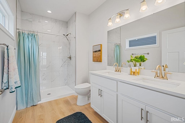2487 Fiona Dr, Kokomo, IN 46902 - bathroom featuring toilet, wood finished floors, double vanity, and tiled shower