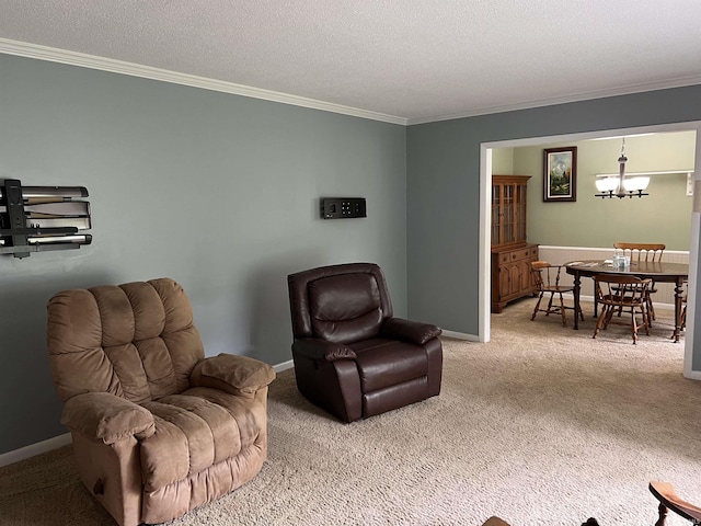 405 N Dogwood Ln, Muncie, IN 47304 - living area with crown molding, light carpet, a chandelier, a textured ceiling, and baseboards