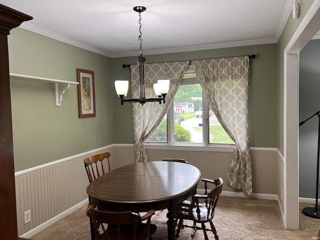 405 N Dogwood Ln, Muncie, IN 47304 - carpeted dining room featuring a wainscoted wall, ornamental molding, a chandelier, baseboards, and a textured ceiling