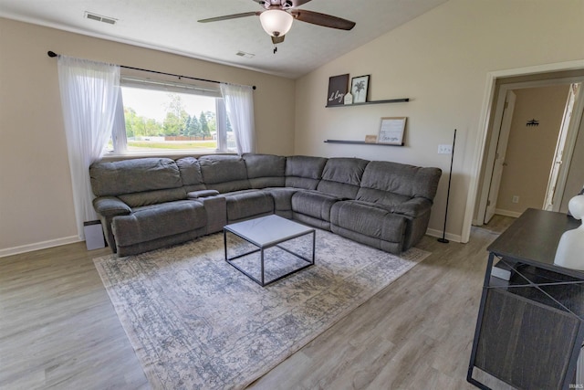 2141 Rutherford Dr, West Lafayette, IN 47906 - living room featuring a ceiling fan, light wood-style flooring, vaulted ceiling, and baseboards