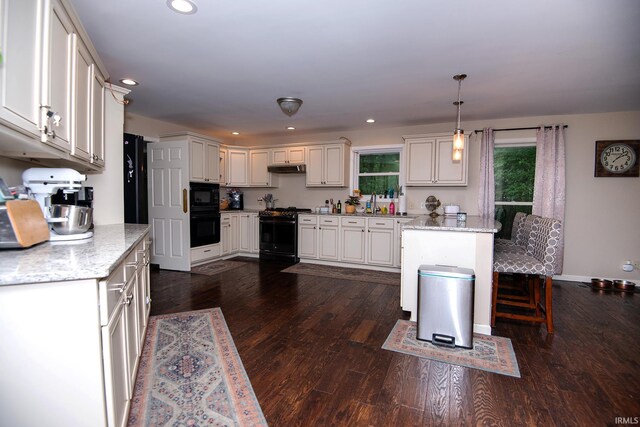 101 Hendron Hills Dr, Vincennes, IN 47591 - kitchen featuring black appliances, dark wood finished floors, hanging light fixtures, recessed lighting, and light stone countertops