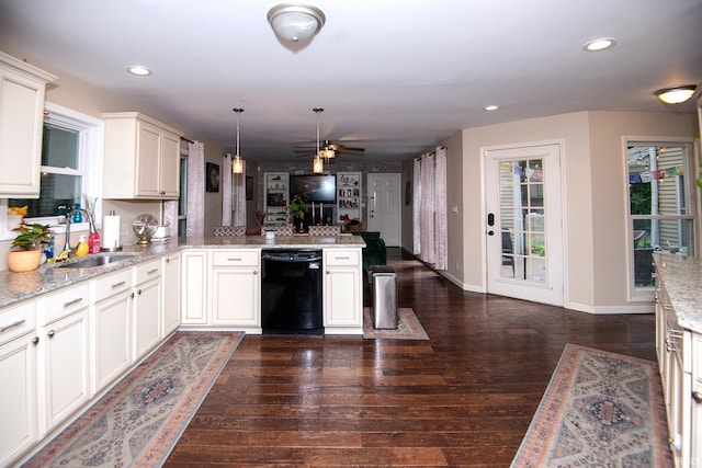 101 Hendron Hills Dr, Vincennes, IN 47591 - kitchen featuring black dishwasher, a sink, a ceiling fan, a peninsula, and recessed lighting