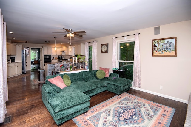 101 Hendron Hills Dr, Vincennes, IN 47591 - living area featuring plenty of natural light, ceiling fan, dark wood-style flooring, baseboards, and recessed lighting