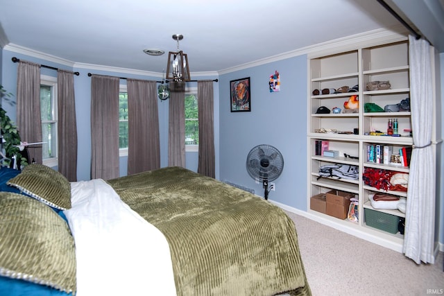 101 Hendron Hills Dr, Vincennes, IN 47591 - carpeted bedroom with ornamental molding, a chandelier, and baseboards