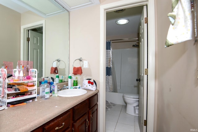 101 Hendron Hills Dr, Vincennes, IN 47591 - bathroom featuring tile patterned flooring, vanity, toilet, and shower / bathtub combination with curtain