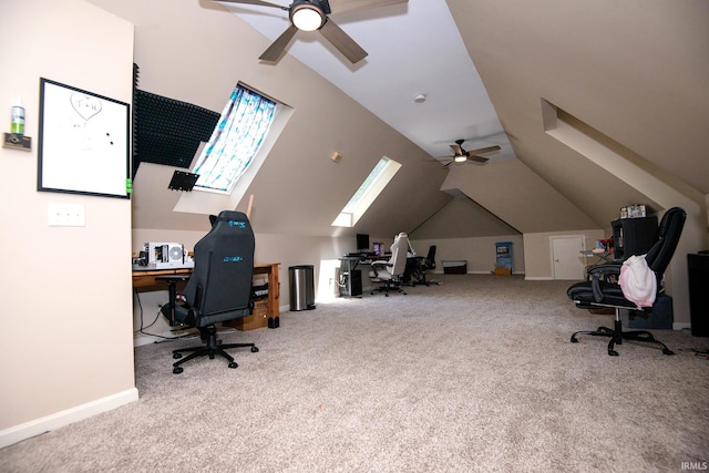 101 Hendron Hills Dr, Vincennes, IN 47591 - office featuring ceiling fan, vaulted ceiling, carpet flooring, and a skylight