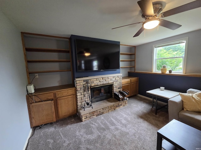 7823 Knightswood Dr, Fort Wayne, IN 46819 - carpeted living room featuring ceiling fan, a brick fireplace, and baseboards