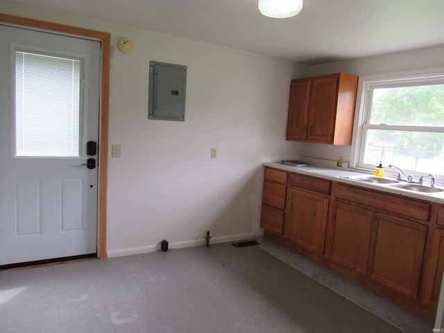 331 W Payton St, Greentown, IN 46936 - kitchen with electric panel, a sink, brown cabinetry, light countertops, and baseboards