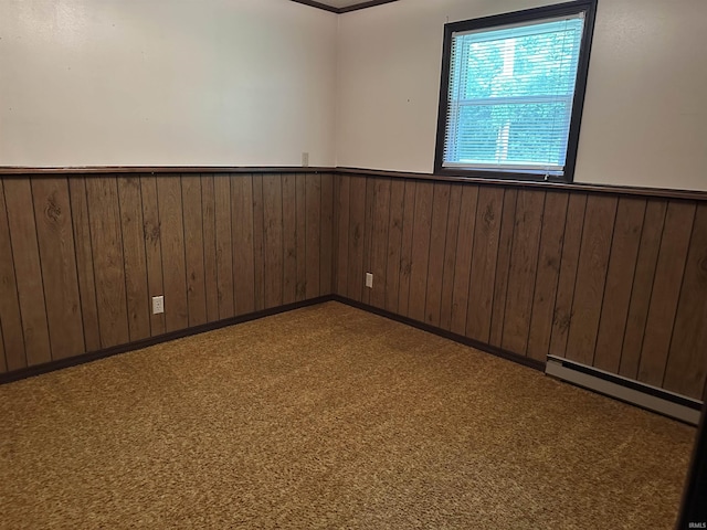 1913 Mckibben St, Wabash, IN 46992 - empty room with a wainscoted wall, a baseboard heating unit, carpet flooring, and wooden walls