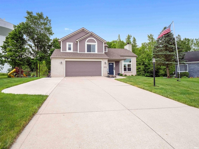 3335 Firethorne Ct, Fort Wayne, IN 46814 - traditional home with concrete driveway, a garage, a front lawn, and a chimney