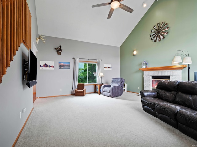 3335 Firethorne Ct, Fort Wayne, IN 46814 - carpeted living room featuring high vaulted ceiling, baseboards, ceiling fan, and a fireplace