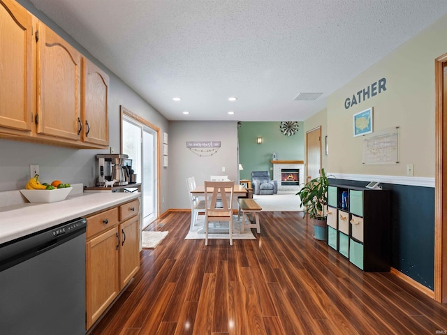 3335 Firethorne Ct, Fort Wayne, IN 46814 - kitchen featuring stainless steel dishwasher, a textured ceiling, a glass covered fireplace, dark wood finished floors, and light countertops