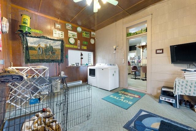 111 N State St, South Whitley, IN 46787 - washroom featuring washing machine and dryer, a ceiling fan, and carpet