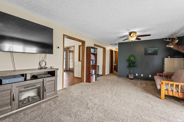 29900 Grant Rd, New Carlisle, IN 46552 - carpeted living room with a ceiling fan and a textured ceiling