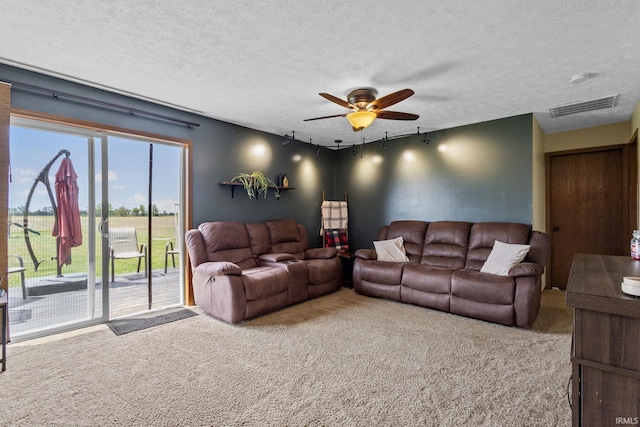 29900 Grant Rd, New Carlisle, IN 46552 - living room featuring carpet, a ceiling fan, and a textured ceiling