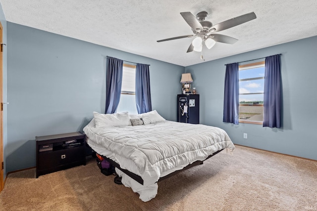 29900 Grant Rd, New Carlisle, IN 46552 - bedroom featuring multiple windows, carpet floors, a textured ceiling, and a ceiling fan
