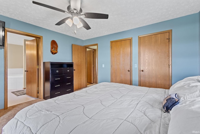 29900 Grant Rd, New Carlisle, IN 46552 - bedroom featuring carpet floors, two closets, a textured ceiling, and ceiling fan