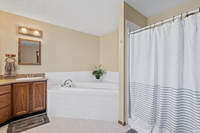 29900 Grant Rd, New Carlisle, IN 46552 - full bath featuring a bath, vanity, a textured ceiling, and a shower with shower curtain