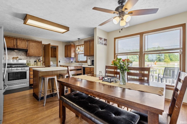 29900 Grant Rd, New Carlisle, IN 46552 - dining room with wood finished floors, ceiling fan, and a textured ceiling