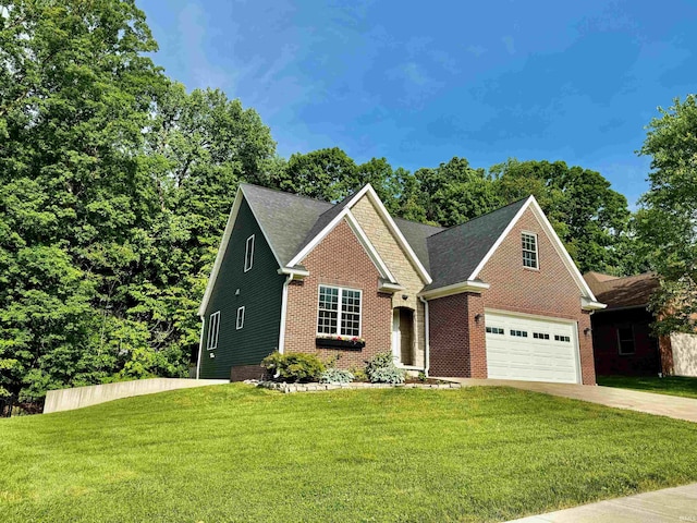 855 N Abigail Ln, Ellettsville, IN 47429 - view of front of property featuring brick siding, driveway, a front lawn, an attached garage, and a shingled roof