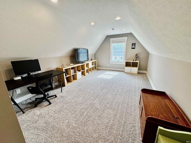 855 N Abigail Ln, Ellettsville, IN 47429 - office space featuring a textured ceiling, vaulted ceiling, carpet, and baseboards
