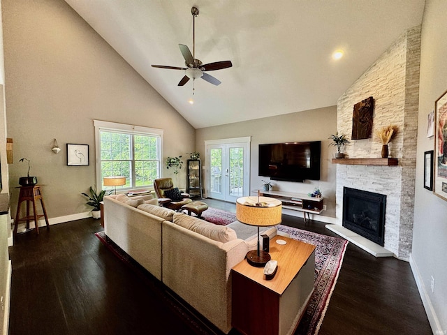 855 N Abigail Ln, Ellettsville, IN 47429 - living area featuring high vaulted ceiling, baseboards, wood finished floors, and a ceiling fan