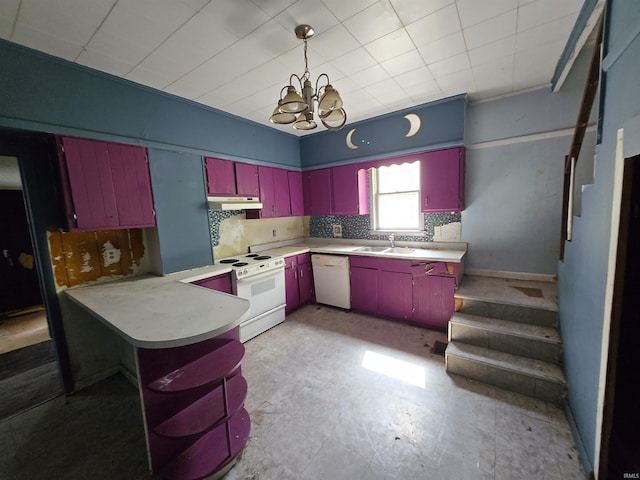 2710 W Virginia St, Evansville, IN 47712 - kitchen featuring red cabinetry, white appliances, a chandelier, and a sink