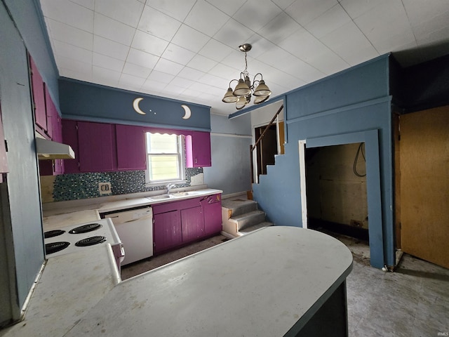 2710 W Virginia St, Evansville, IN 47712 - kitchen with white appliances, red cabinets, under cabinet range hood, a sink, and a chandelier