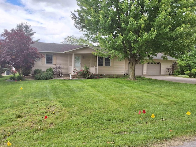 5454 Ski Dr, Loogootee, IN 47553 - ranch-style home with covered porch, driveway, a garage, and a front lawn