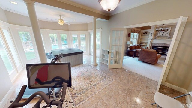 3043 N 400 E Xrd, Monticello, IN 47960 - office area with ornate columns, ornamental molding, french doors, a fireplace, and ceiling fan