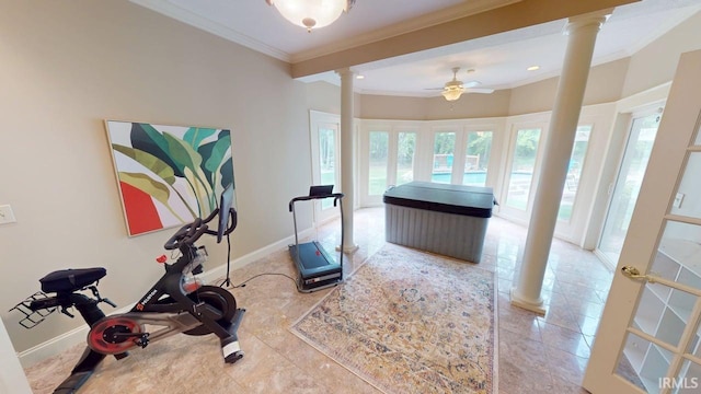 3043 N 400 E Xrd, Monticello, IN 47960 - exercise room with decorative columns, crown molding, a ceiling fan, and baseboards