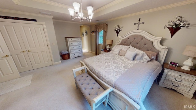 3043 N 400 E Xrd, Monticello, IN 47960 - bedroom featuring light carpet, a chandelier, a raised ceiling, ornamental molding, and a closet