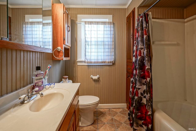 6814 Church St, Lafayette, IN 47905 - bathroom with toilet, vanity, tile patterned floors, shower / bathtub combination with curtain, and wooden walls