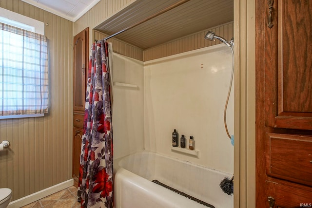 6814 Church St, Lafayette, IN 47905 - bathroom with shower / bath combo with shower curtain, crown molding, toilet, and baseboards