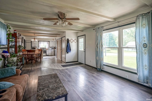 6814 Church St, Lafayette, IN 47905 - living room with ceiling fan, beam ceiling, hardwood / wood-style flooring, and baseboards