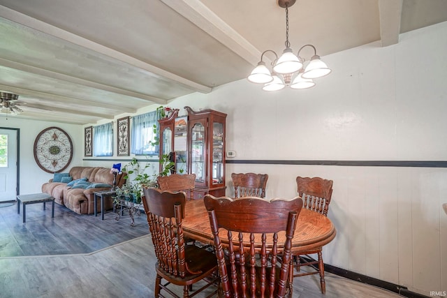 6814 Church St, Lafayette, IN 47905 - dining area featuring beam ceiling, a chandelier, wood finished floors, and ceiling fan