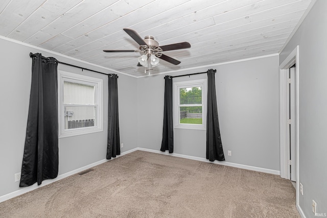650 E Spear Rd, Columbia City, IN 46725 - carpeted spare room with wood ceiling, crown molding, a ceiling fan, and baseboards