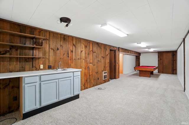 9820 Gerig Rd, Leo, IN 46765 - recreation room featuring billiards, carpet, wooden walls, wet bar, and heating unit