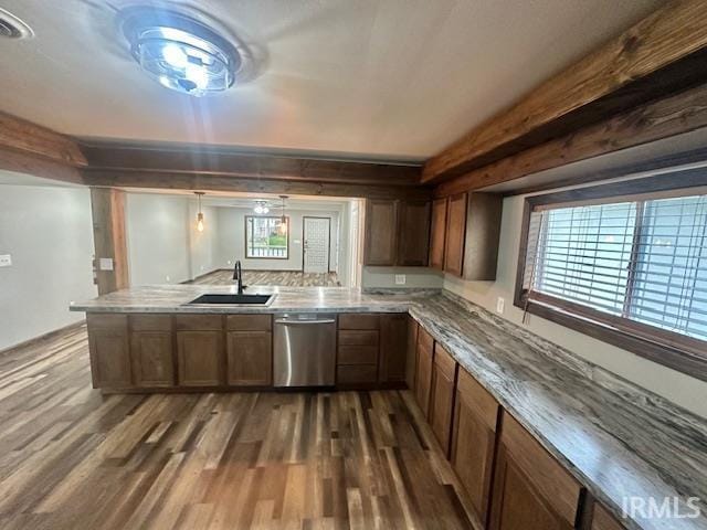 2200 Dakota Dr, Lafayette, IN 47909 - kitchen featuring stainless steel dishwasher, a sink, a peninsula, and dark wood finished floors