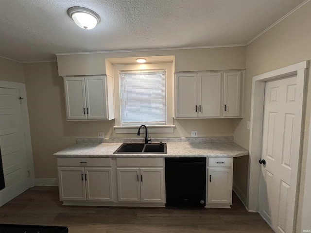 1016 Shore Dr, Fort Wayne, IN 46805 - kitchen with dishwasher, a sink, ornamental molding, light countertops, and dark wood finished floors