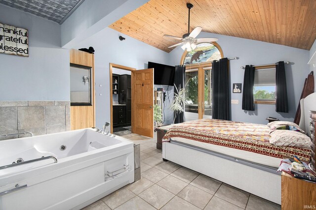 13495 N Hillside Dr, Syracuse, IN 46567 - bedroom featuring vaulted ceiling, light tile patterned floors, wooden ceiling, and access to exterior
