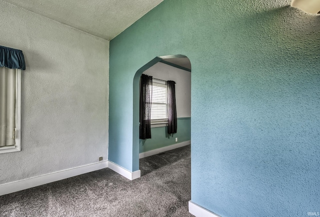 411 E Silver St, Bluffton, IN 46714 - unfurnished room with dark colored carpet, arched walkways, baseboards, a textured ceiling, and lofted ceiling