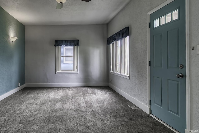 411 E Silver St, Bluffton, IN 46714 - carpeted entryway featuring plenty of natural light, ceiling fan, a textured wall, a textured ceiling, and baseboards