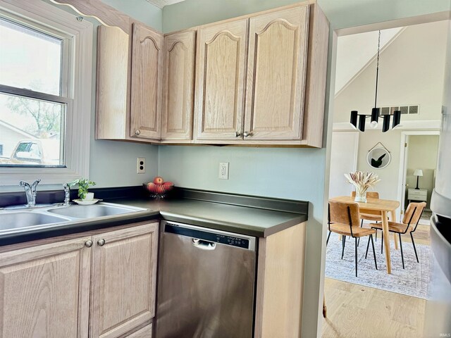 408 E Greenwalt St, North Webster, IN 46555 - kitchen featuring stainless steel dishwasher, light brown cabinetry, and a sink