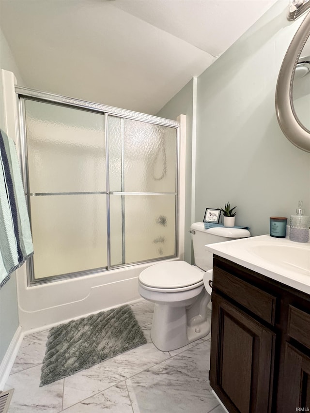 408 E Greenwalt St, North Webster, IN 46555 - full bathroom featuring marble finish flooring, vanity, toilet, and shower / bath combination with glass door