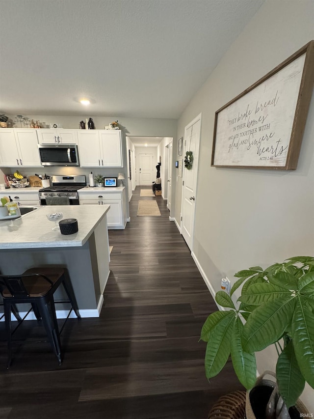 4855 Carson Ct, Woodburn, IN 46797 - kitchen with stainless steel appliances, light countertops, baseboards, white cabinetry, and dark wood-style flooring